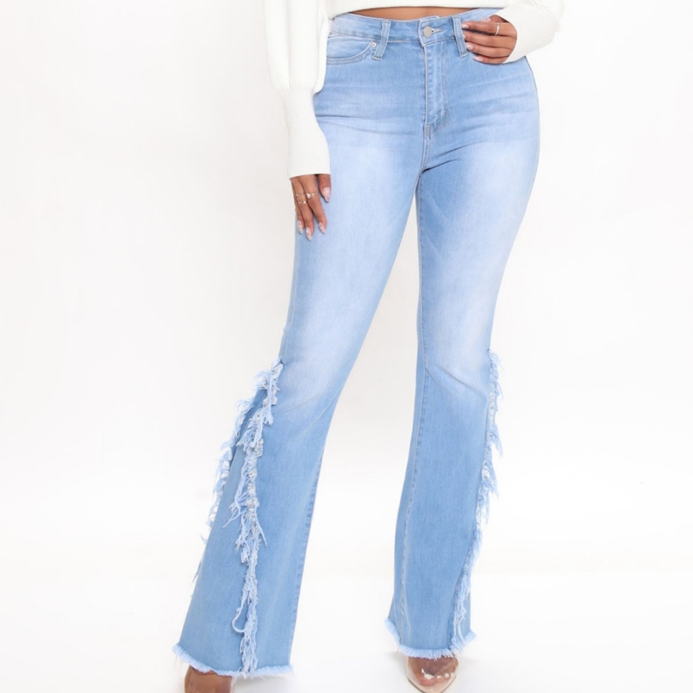 Stretch denim high-rise frayed inset flare jeans (3)